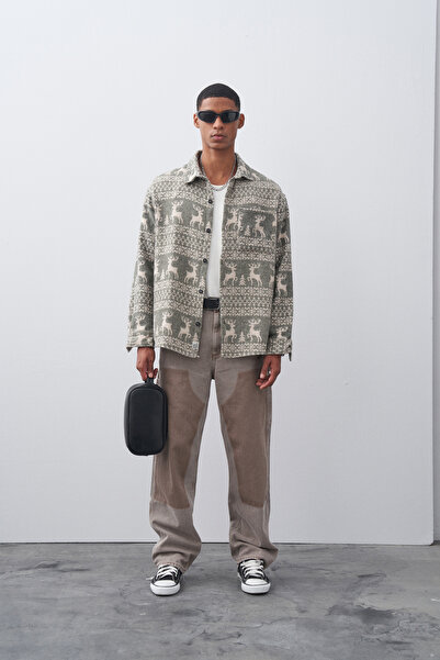 VAMOSCLO Khaki Patterned Oversize Lumberjack Shirt