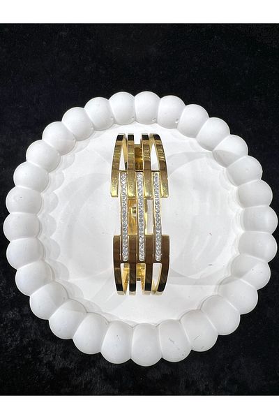 HENA AKSESUAR Steel Clamp Rib Model 3 Pcs Stone Detailed Gold Color