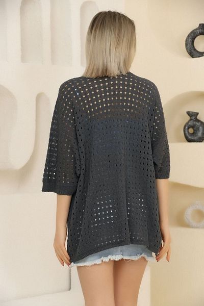 ALCHON U Shawl Collar Half Sleeve Openwork Perforated Summer Midi Length Thin Knitwear Cardigan