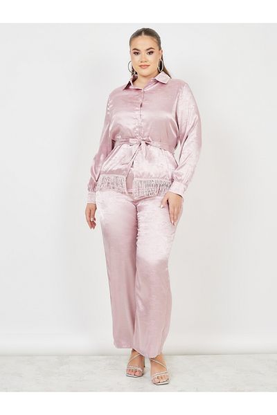 Styli Plus Satin Jacquard Tassel Hem Shirt and Wide Leg Pant with Self Tie Up Set