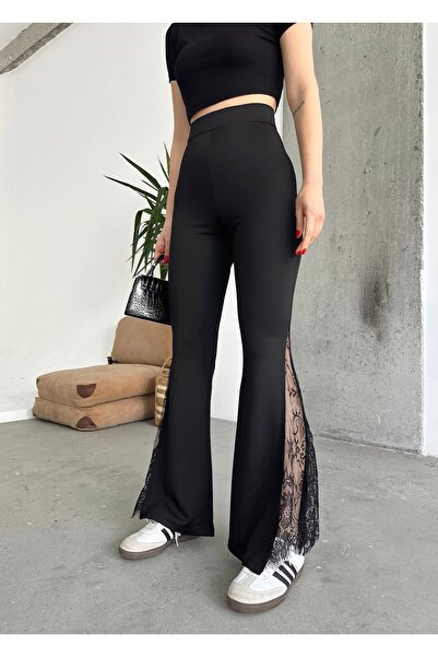 ÇEÇİM Kadın Ispanyol Paça Yırtmacı Dantel Detaylı Scuba Tayt Pantolon Zyn-58658