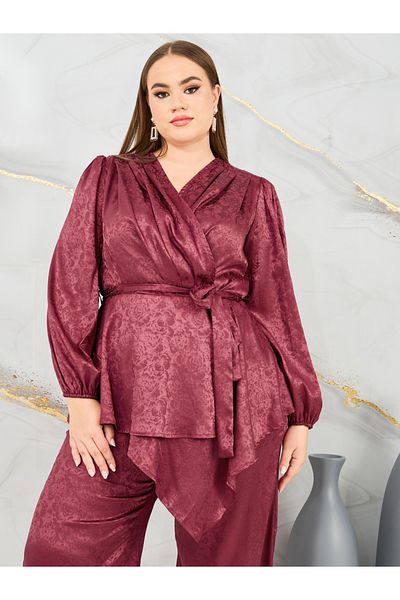 Styli Plus Satin Jacquard Print Asymmetric Hem Wrap Top and Pant Set