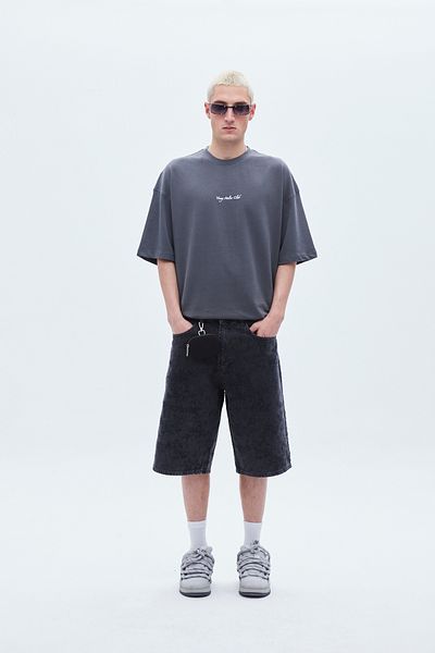 VAMOSCLO Laser Detailed BERMUDA DENIM SHORTS-BLACK