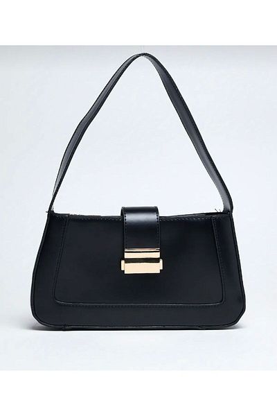 Mercan Stores Women's Black Short Strap Baguette Hand and Shoulder Bag with Buckle Detail