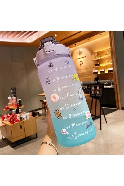 Sevilesi 2Lt 900ml Blue Motivational Water Bottle - Water Bottle with 2 Straw and Stickers