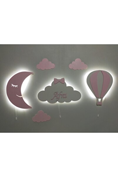 fabrikahşap Çocuk Odası Dekoratif Ahşap Ay Bulut Balon Gece Lambası Ledli Ayd...