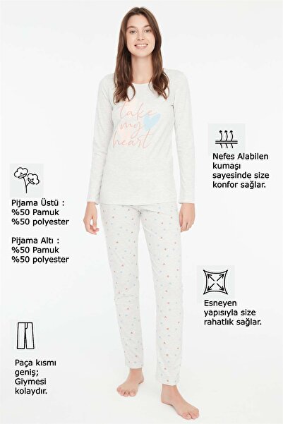 Mod Collection - Kadın Kar Melanj Yuvarlak Yaka Pijama Takımı