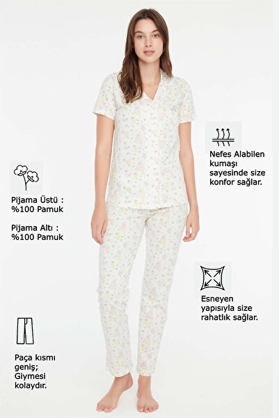 Mod Collection 3860 Kadın Ekru Önden Düğmeli Pijama Takımı-ekru
