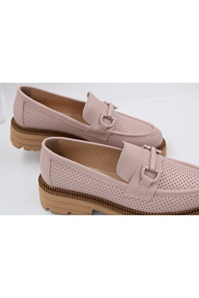 PerPiede Zımbalı Ve Tokalı Pudra Deri Ayakkabı