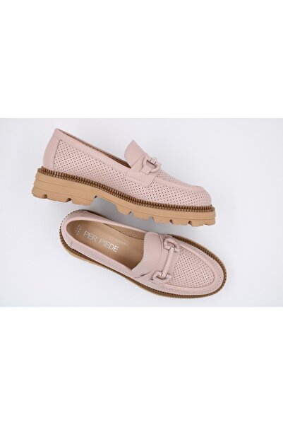 PerPiede Zımbalı Ve Tokalı Pudra Deri Ayakkabı