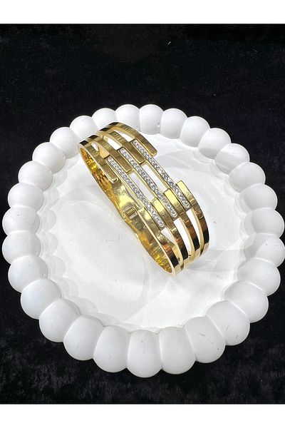 HENA AKSESUAR Steel Clamp Rib Model 3 Pcs Stone Detailed Gold Color