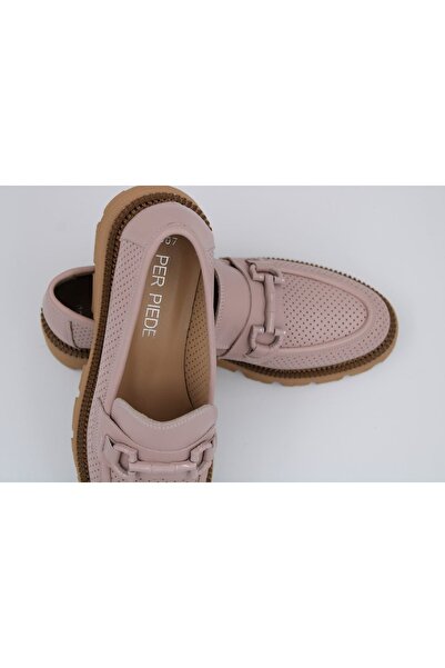 PerPiede Zımbalı Ve Tokalı Pudra Deri Ayakkabı