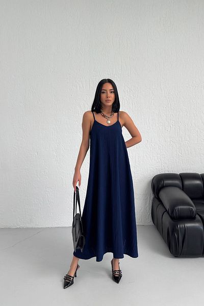 Neşeli Butik Μπλε ναυτικό λινό φόρεμα - με λουράκι και επένδυση, NBG017