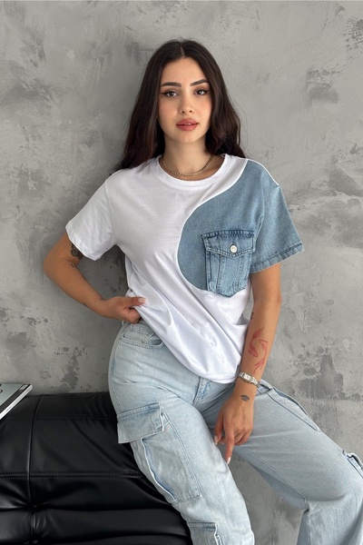 FEMELLE White Single Pocket and Denim Detailed Women's Cotton T-Shirt