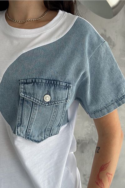 FEMELLE Tricou alb din bumbac pentru femei cu un singur buzunar și denim