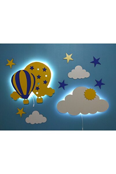 fabrikahşap Dekoratif Ahşap Çiftli Balon Ve Isimli Bulut Gece Lambası Ledli