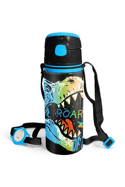 Coral High Kids Gray Dinosaur Patterned Aluminum Flask with Straw 600 Ml 11944