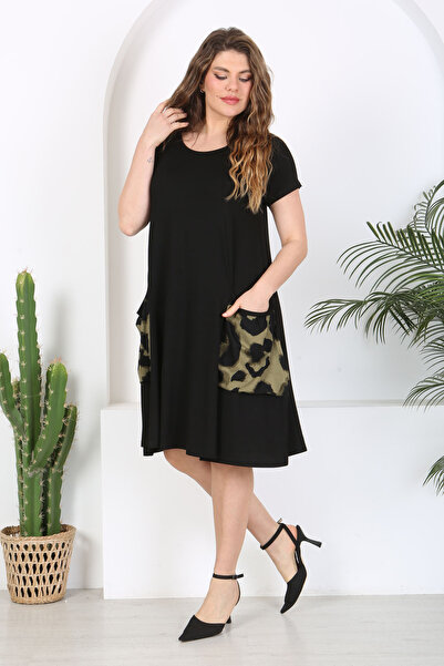 Mooi XXL Model Tigru Negru Kaki - Rochie Flexibilă De Damă De Viscoză Cu Buzunare