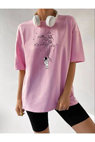 offsidesign تي شيرت نسائي كبير الحجم بتصميم رائد الفضاء بالون تي شيرت مطبوع بأكمام قصيرة تي شيرت صيفي من القطن الممشط