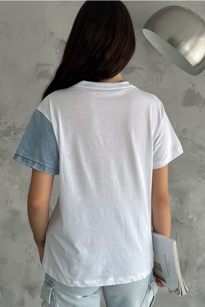 FEMELLE White Single Pocket and Denim Detailed Women's Cotton T-Shirt