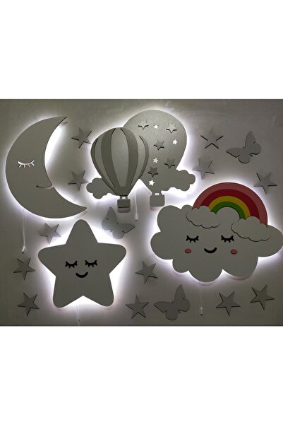 fabrikahşap Çocuk Odası Beyaz Ahşap Ay Yıldız Balon Gökkuşağı Aydınlatma