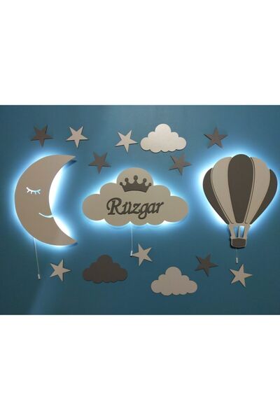 fabrikahşap Çocuk Odası Dekoratif Ahşap Ay Bulut Balon Gece Lambası Ledli Ayd...