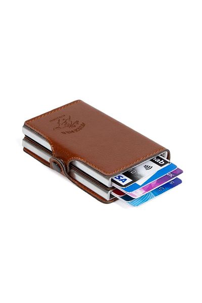 tuldar Δερμάτινη θήκη κάρτας και πορτοφόλι Auto Card Pull Tan - Διπλός μηχανισμός αλουμινίου