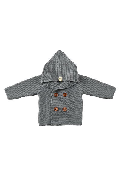 Baboo Gray Organic Cotton Double Breasted Hooded Children's Cardigan