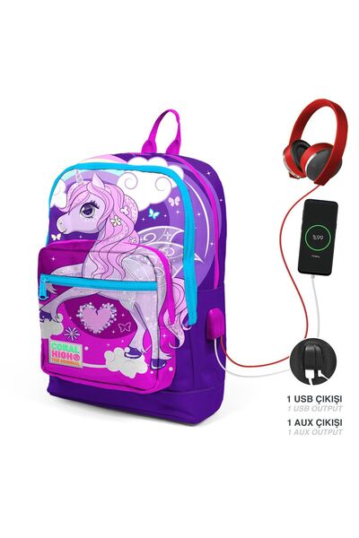 Coral High Kids Mor Pembe Unicorn Desenli Dört Bölmeli Usb'li Okul Sırt Çanta...