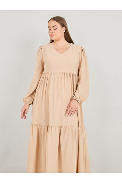 Styli Plus Solid V Neck Tiered Maxi Dress
