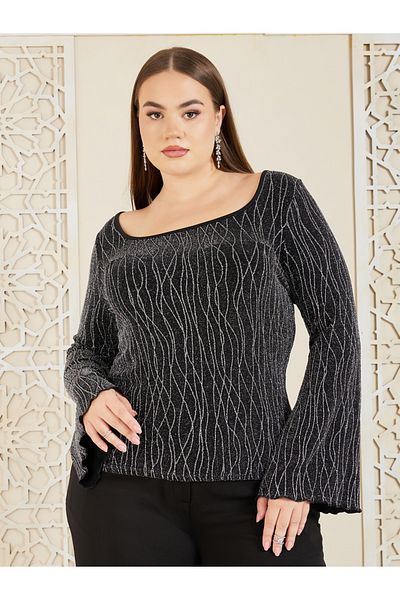 Styli Plus Embellished Abstract Textured Bell Sleeve Fitted Knit Top