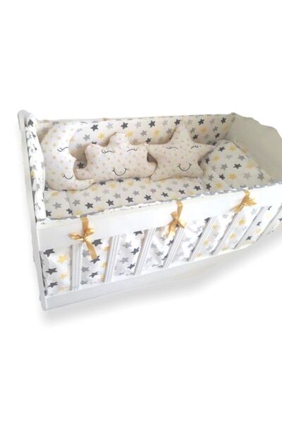 Bebek Özel Cotton 70x140 Furniture Crib Sleeping Set Yellow Gray Star (9 Pieces)