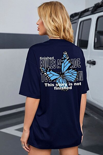 trendypassion تي شيرت مطبوع عليه فراشة خلفية باللون الأزرق الداكن للجنسين