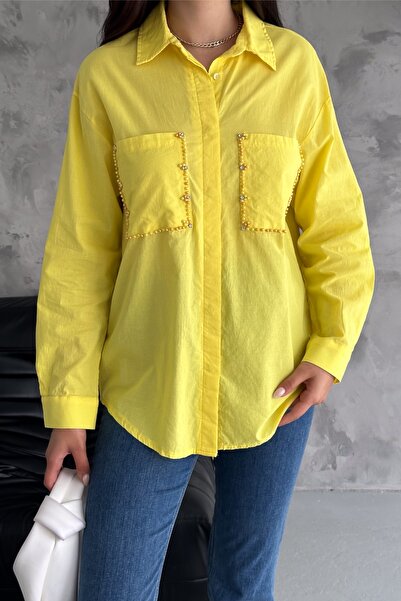 FEMELLE Kadın Sarı Yeni Sezon Zımba Boncuk Işlemeli Gömlek