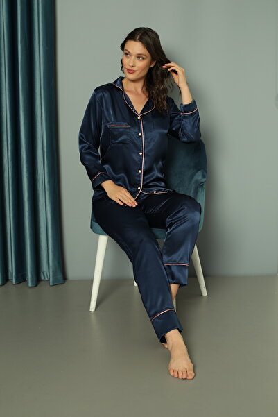 Genel Markalar Gömlek Yaka Boydan Düğmeli Uzun Kollu Saten Pijama Takımı