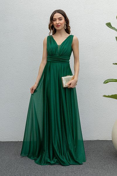 Neşeli Butik Γυναικείο βραδινό φόρεμα από σμαραγδένιο ντραπέ τούλι - NB2030