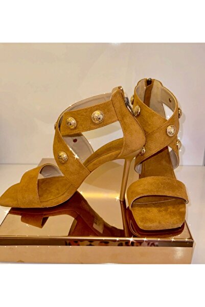 purple shoes Taba rengi gold figür detaylı açık topuklu ayakkabı