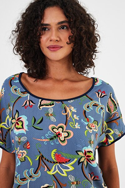Penyelux Blue Printed Stretchy Short Sleeve Women's Blouse