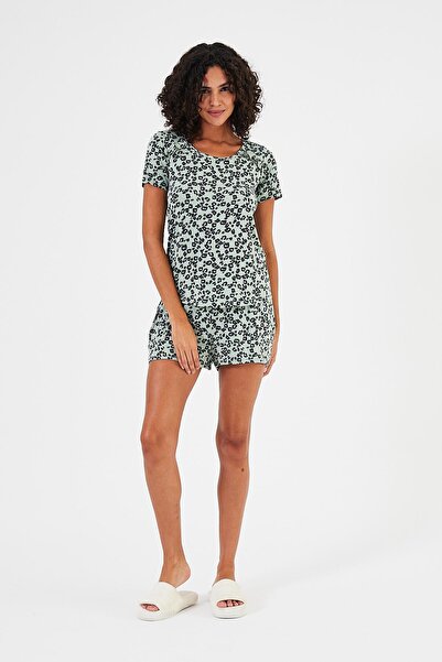 Penyelux Kadın Yuvarlak Yaka Esnek Desenli Kısa Kollu Tişört Yeşil