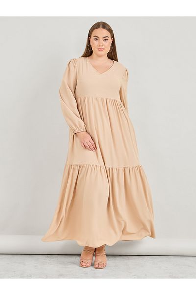 Styli Plus Solid V Neck Tiered Maxi Dress