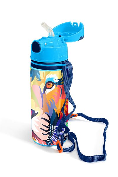 Coral High Kids Dark Blue Saks Lion Patterned Aluminum Flask with Straw 600 Ml 11938