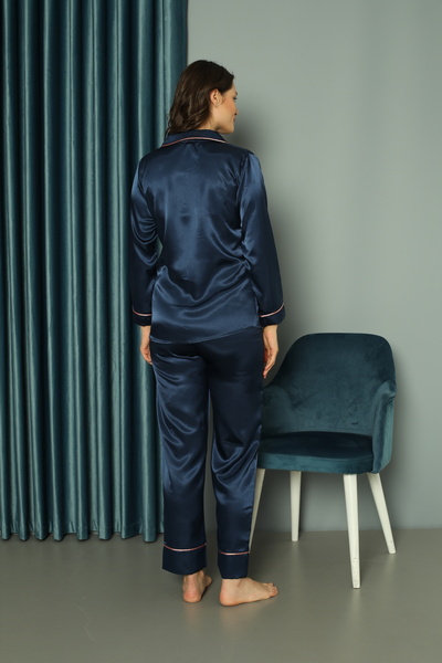 Genel Markalar Gömlek Yaka Boydan Düğmeli Uzun Kollu Saten Pijama Takımı