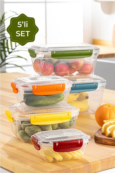 Vienev Set of 5 Small Deep Rectangular Storage Containers with Lock and Lid, 4000-400 ml