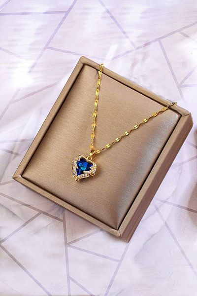 The Collection Heart Vintage Model Sparkling Purple Blue Zircon Stone Tarnish Stainless Gold Steel Necklace