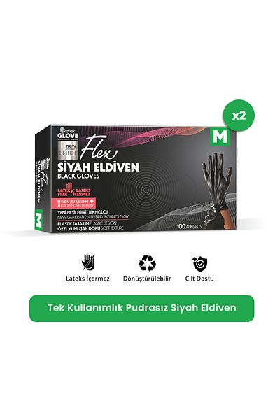Reflex Flex Eldiven Black Size M Disposable Gloves - 2 x 100 Pcs Powder Free