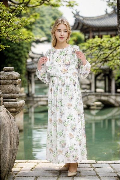 Joui Co Rochie lungă cu model floral pentru fetiță de 11-15 ani - Hijab pe lungime