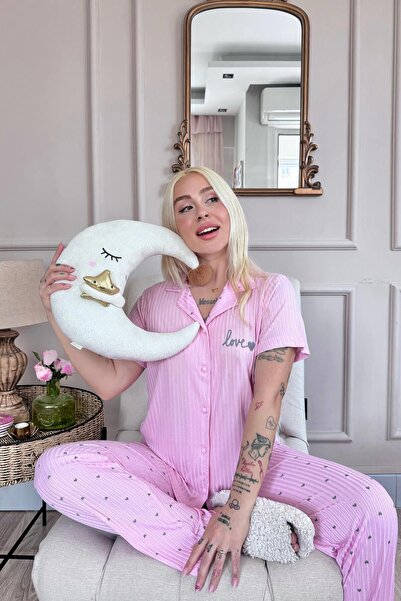 Pijamaevi Heart Patterned Pink Chain Short Women's Pajamas - Buttoned Front