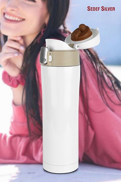 SEDEF SİLVER Steel Thermos Cup 400 ml Lockable Thermos Mug Cup Vehicle Thermos Coffee Cup Sdf887 Tea Cups White