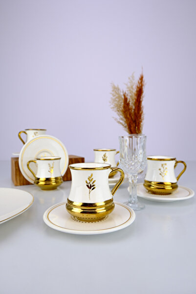 ACAR Almond 6 Kişilik Porselen Kahve Fincan Takımı Gold Yaldızlı Beyaz - SCT-05417