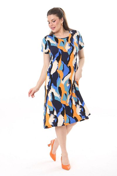 Madwilo Women's Blue Orange Mixed Pattern Flexible Viscose Basic Dress